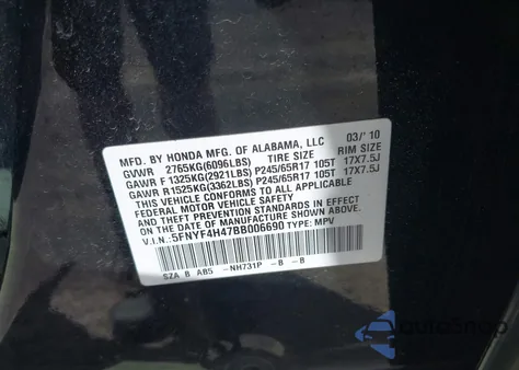 2011 Honda Pilot Ex from USA, damaged, VIN 5FNYF4H47BB006690